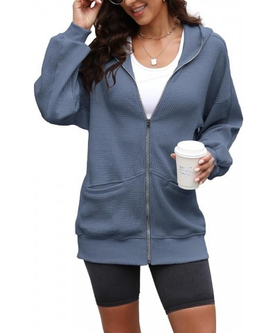 Womens Waffle Knit Jacket Oversized Fall Jacket Zip Up Hoodie With Pocket Shacket Tops Denim Blue $19.35 Jackets