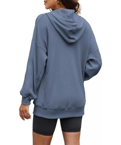 Womens Waffle Knit Jacket Oversized Fall Jacket Zip Up Hoodie With Pocket Shacket Tops Denim Blue $19.35 Jackets