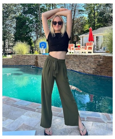 Women's Wide Leg Casual Pants High Waisted Adjustable Tie Knot Business Work Trousers with Pockets Army Green $9.65 Pants