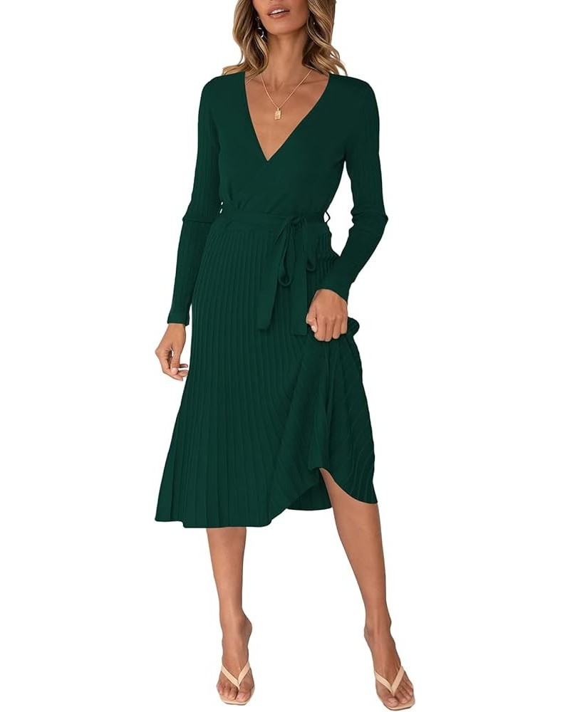 Women's Wrap Sweater Dress V Neck Long Sleeve Ribbed Swing Knit Midi Dresses with Belt Green $15.89 Dresses