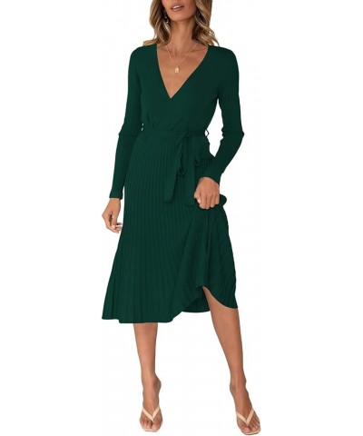 Women's Wrap Sweater Dress V Neck Long Sleeve Ribbed Swing Knit Midi Dresses with Belt Green $15.89 Dresses