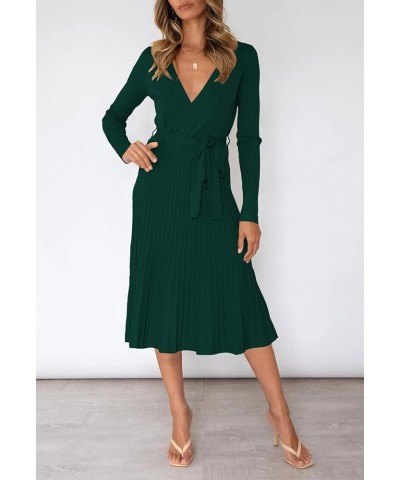 Women's Wrap Sweater Dress V Neck Long Sleeve Ribbed Swing Knit Midi Dresses with Belt Green $15.89 Dresses