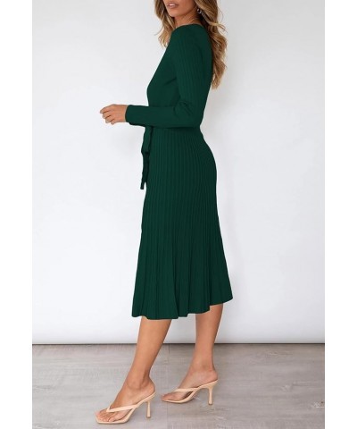 Women's Wrap Sweater Dress V Neck Long Sleeve Ribbed Swing Knit Midi Dresses with Belt Green $15.89 Dresses