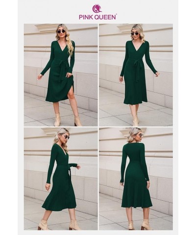 Women's Wrap Sweater Dress V Neck Long Sleeve Ribbed Swing Knit Midi Dresses with Belt Green $15.89 Dresses