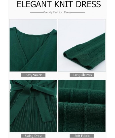 Women's Wrap Sweater Dress V Neck Long Sleeve Ribbed Swing Knit Midi Dresses with Belt Green $15.89 Dresses