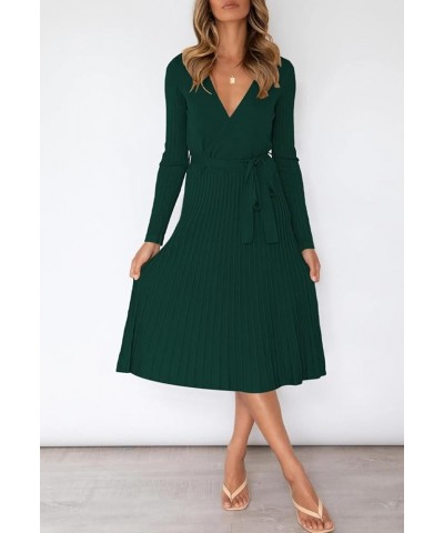 Women's Wrap Sweater Dress V Neck Long Sleeve Ribbed Swing Knit Midi Dresses with Belt Green $15.89 Dresses