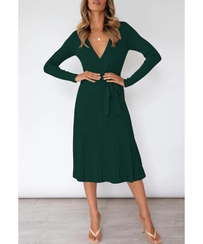 Women's Wrap Sweater Dress V Neck Long Sleeve Ribbed Swing Knit Midi Dresses with Belt Green $15.89 Dresses