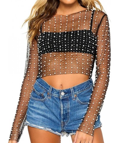 Women Sexy Mesh Sheer Pearl Rhinestone Crop Top Long Sleeve See Through Skinny Mesh Tee Shirt Bodysuit Clubwear Black $16.19 ...