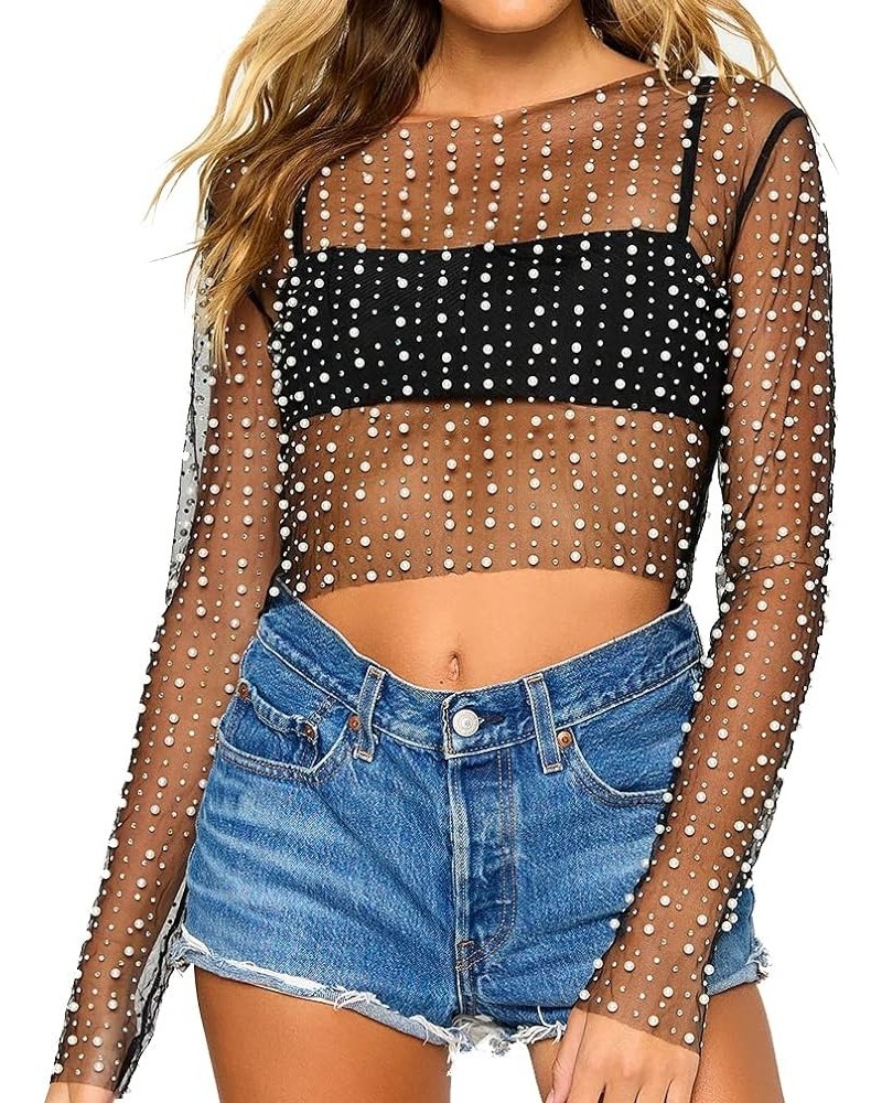 Women Sexy Mesh Sheer Pearl Rhinestone Crop Top Long Sleeve See Through Skinny Mesh Tee Shirt Bodysuit Clubwear Black $16.19 ...