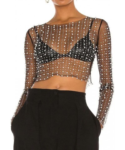 Women Sexy Mesh Sheer Pearl Rhinestone Crop Top Long Sleeve See Through Skinny Mesh Tee Shirt Bodysuit Clubwear Black $16.19 ...