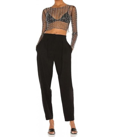 Women Sexy Mesh Sheer Pearl Rhinestone Crop Top Long Sleeve See Through Skinny Mesh Tee Shirt Bodysuit Clubwear Black $16.19 ...