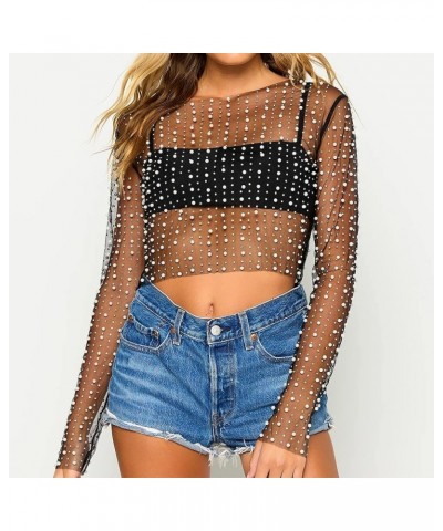 Women Sexy Mesh Sheer Pearl Rhinestone Crop Top Long Sleeve See Through Skinny Mesh Tee Shirt Bodysuit Clubwear Black $16.19 ...