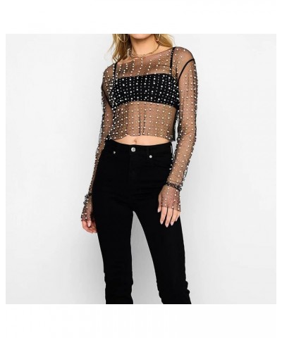 Women Sexy Mesh Sheer Pearl Rhinestone Crop Top Long Sleeve See Through Skinny Mesh Tee Shirt Bodysuit Clubwear Black $16.19 ...