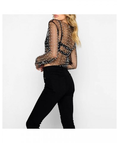 Women Sexy Mesh Sheer Pearl Rhinestone Crop Top Long Sleeve See Through Skinny Mesh Tee Shirt Bodysuit Clubwear Black $16.19 ...