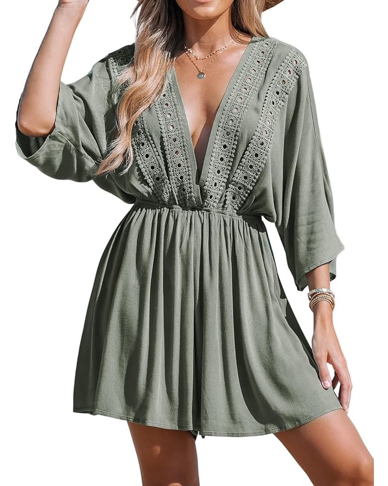 Women Lace Plunging Cover-Up Romper Long Sleeves V Neck Cover Up Casual Sexy Summer Green $17.59 Swimsuits