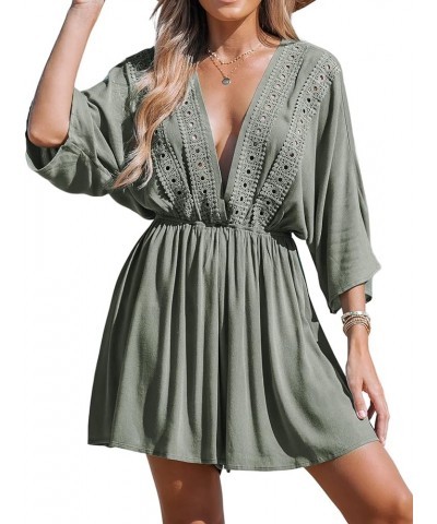 Women Lace Plunging Cover-Up Romper Long Sleeves V Neck Cover Up Casual Sexy Summer Green $17.59 Swimsuits