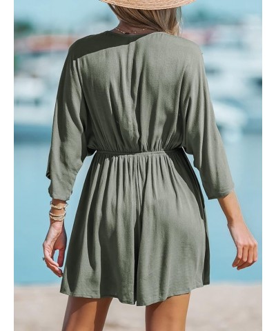 Women Lace Plunging Cover-Up Romper Long Sleeves V Neck Cover Up Casual Sexy Summer Green $17.59 Swimsuits