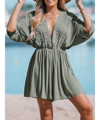 Women Lace Plunging Cover-Up Romper Long Sleeves V Neck Cover Up Casual Sexy Summer Green $17.59 Swimsuits