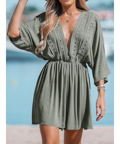 Women Lace Plunging Cover-Up Romper Long Sleeves V Neck Cover Up Casual Sexy Summer Green $17.59 Swimsuits