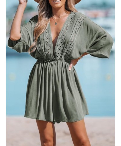 Women Lace Plunging Cover-Up Romper Long Sleeves V Neck Cover Up Casual Sexy Summer Green $17.59 Swimsuits