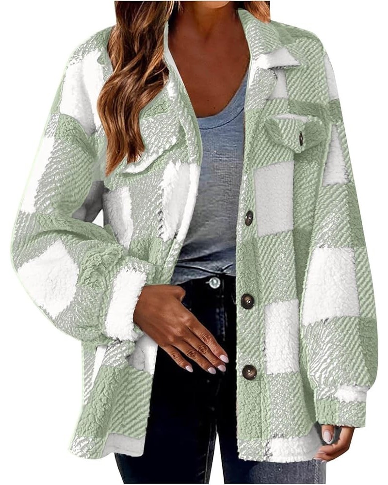 Womens Fuzzy Plaid Shacket Jacket Furry 2024 Spring Long Sleeve Button Down Warm Coats Fleece Lined Jackets A01-mint Green-01...