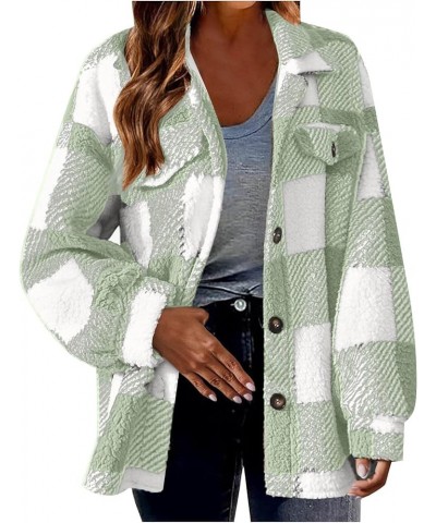 Womens Fuzzy Plaid Shacket Jacket Furry 2024 Spring Long Sleeve Button Down Warm Coats Fleece Lined Jackets A01-mint Green-01...