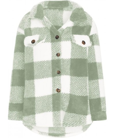 Womens Fuzzy Plaid Shacket Jacket Furry 2024 Spring Long Sleeve Button Down Warm Coats Fleece Lined Jackets A01-mint Green-01...