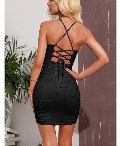 Women's Sexy Bodycon Sleeveless Ruched Halter Spaghetti Strap Backless Mini Club Party Dresses Black $9.20 Dresses