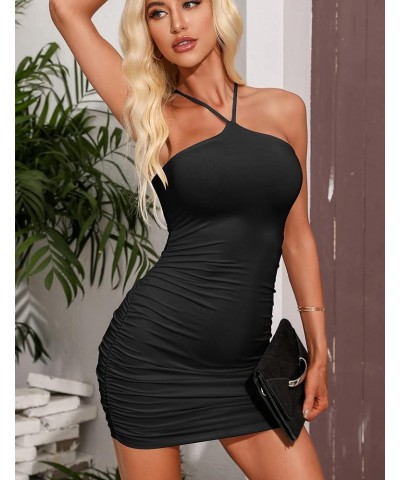 Women's Sexy Bodycon Sleeveless Ruched Halter Spaghetti Strap Backless Mini Club Party Dresses Black $9.20 Dresses