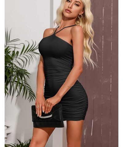 Women's Sexy Bodycon Sleeveless Ruched Halter Spaghetti Strap Backless Mini Club Party Dresses Black $9.20 Dresses