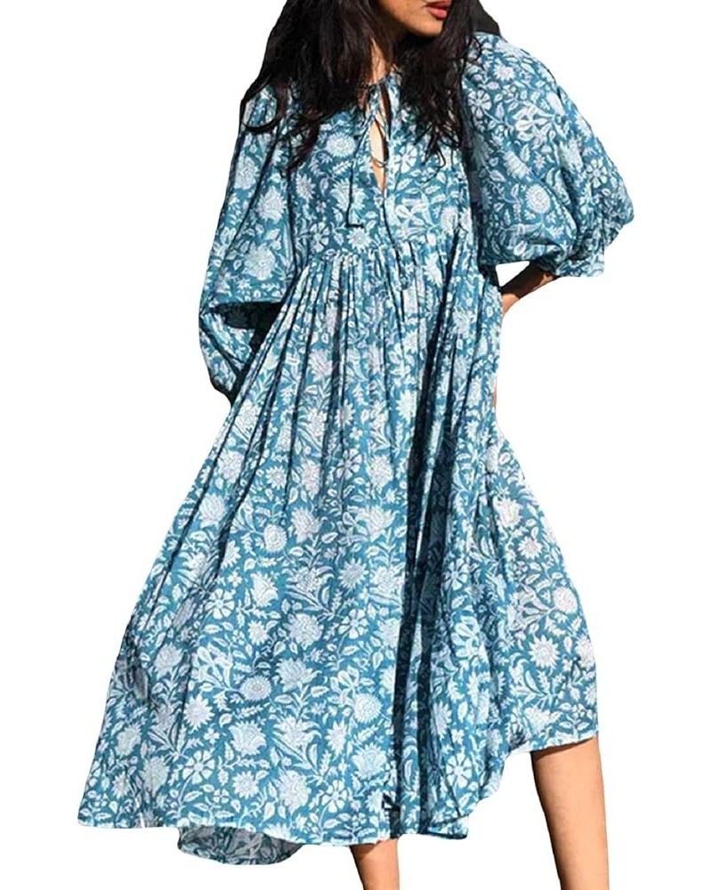 Women Floral Tiered Midi Long Dress Bohemian Puff Half Sleeve V Neck Ruffle Maxi Dress Loose Flowy Beach Sundress Bb Light Bl...