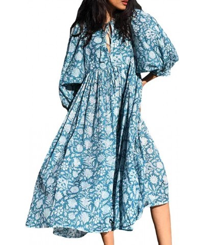 Women Floral Tiered Midi Long Dress Bohemian Puff Half Sleeve V Neck Ruffle Maxi Dress Loose Flowy Beach Sundress Bb Light Bl...