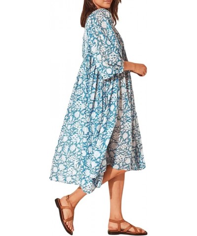 Women Floral Tiered Midi Long Dress Bohemian Puff Half Sleeve V Neck Ruffle Maxi Dress Loose Flowy Beach Sundress Bb Light Bl...