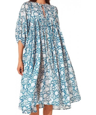 Women Floral Tiered Midi Long Dress Bohemian Puff Half Sleeve V Neck Ruffle Maxi Dress Loose Flowy Beach Sundress Bb Light Bl...