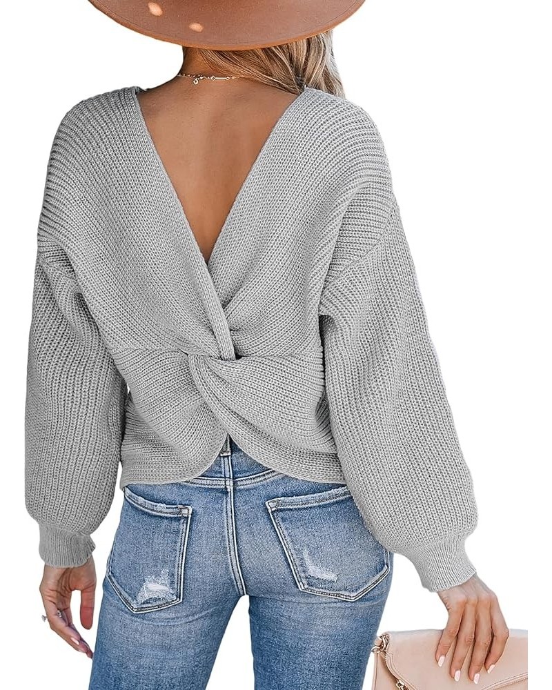 Women's Round Neck Sweater Ribbed Knit Twist Back Pullover with Long Sleeves Light Grey $14.52 Sweaters