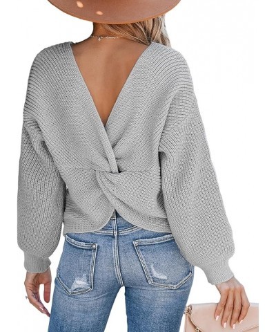 Women's Round Neck Sweater Ribbed Knit Twist Back Pullover with Long Sleeves Light Grey $14.52 Sweaters