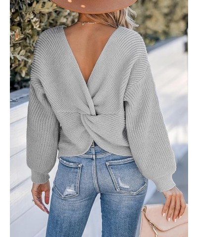 Women's Round Neck Sweater Ribbed Knit Twist Back Pullover with Long Sleeves Light Grey $14.52 Sweaters