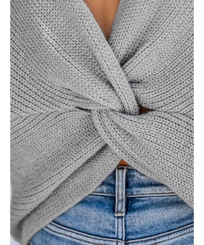 Women's Round Neck Sweater Ribbed Knit Twist Back Pullover with Long Sleeves Light Grey $14.52 Sweaters