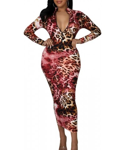 Women's Sexy Bodycon Midi Dress Long Sleeve Zipper Stretchy Printed Party Dresses Red Leopard $21.27 Dresses