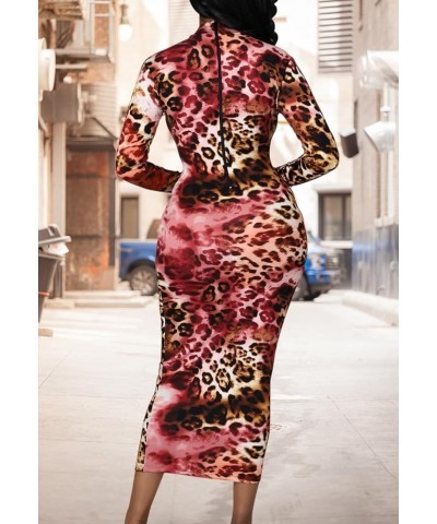 Women's Sexy Bodycon Midi Dress Long Sleeve Zipper Stretchy Printed Party Dresses Red Leopard $21.27 Dresses