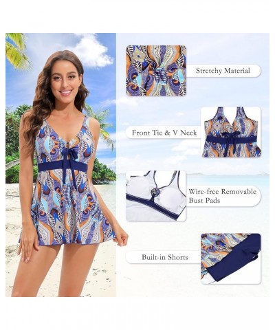 Swim Dress Tummy Control Swimsuits for Women One Piece Bathing Suit V Neck Swimwear with Shorts Blue Printed $23.09 Swimsuits