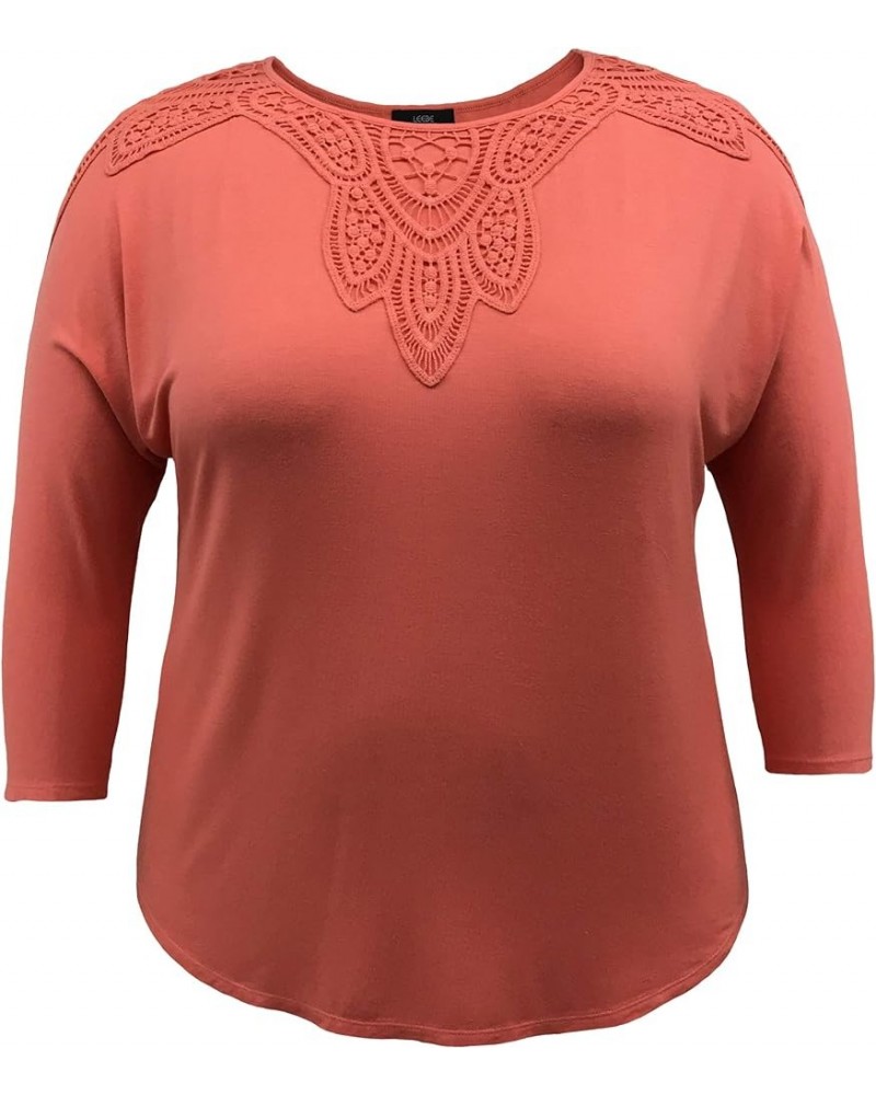 Women's Plus Size Round Neck Short Sleeve Crochet Shoulder Swing Top (1X-5X) 3/4 Slv Coral $11.01 Others