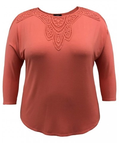 Women's Plus Size Round Neck Short Sleeve Crochet Shoulder Swing Top (1X-5X) 3/4 Slv Coral $11.01 Others