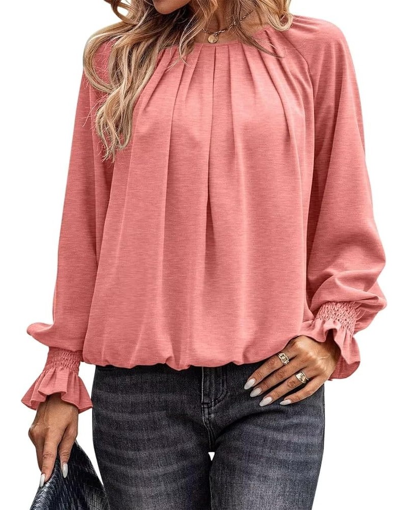 Women Long Flare Sleeves Blouses Pleated Crewneck Relaxed Fit Tunic Fall Basic Tops Casual Shirts 1 Pink $12.25 Tops