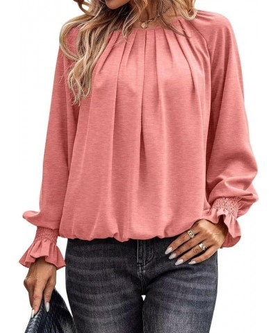 Women Long Flare Sleeves Blouses Pleated Crewneck Relaxed Fit Tunic Fall Basic Tops Casual Shirts 1 Pink $12.25 Tops