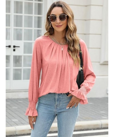 Women Long Flare Sleeves Blouses Pleated Crewneck Relaxed Fit Tunic Fall Basic Tops Casual Shirts 1 Pink $12.25 Tops