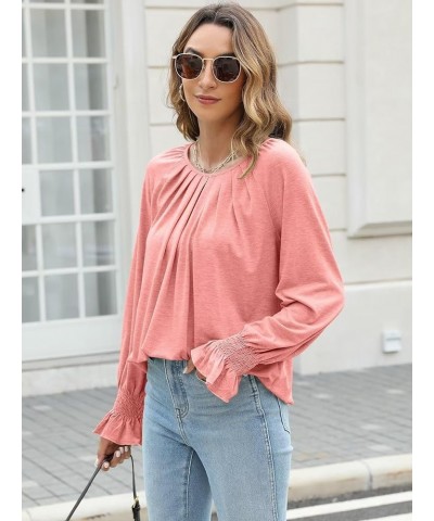 Women Long Flare Sleeves Blouses Pleated Crewneck Relaxed Fit Tunic Fall Basic Tops Casual Shirts 1 Pink $12.25 Tops