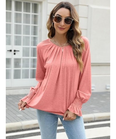 Women Long Flare Sleeves Blouses Pleated Crewneck Relaxed Fit Tunic Fall Basic Tops Casual Shirts 1 Pink $12.25 Tops