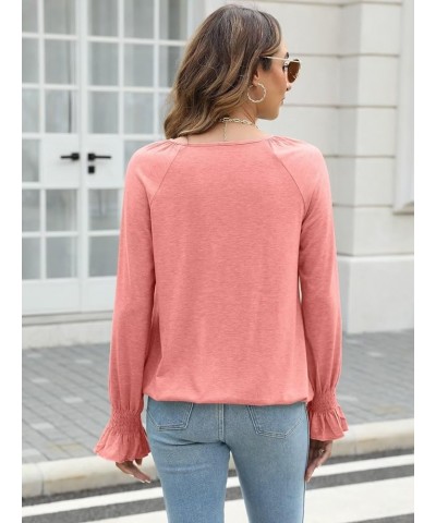 Women Long Flare Sleeves Blouses Pleated Crewneck Relaxed Fit Tunic Fall Basic Tops Casual Shirts 1 Pink $12.25 Tops