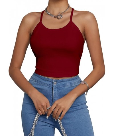 Women's Sleeveless Crop Tank Top Sexy Scoop Neck Racerback Ribbed Knit Basic Camisole Burgundy $8.54 Tanks